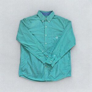 Chaps Mens Persian Green White Striped Easy Care Long Sleeve Button-Up Shirt L/G